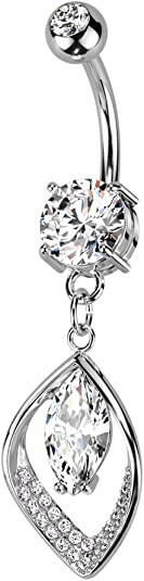 Surgical Steel Marquise CZ Center with Hollow CZ Pave Leaf Belly Navel Ring Navel Ring Impulse Piercings Clear