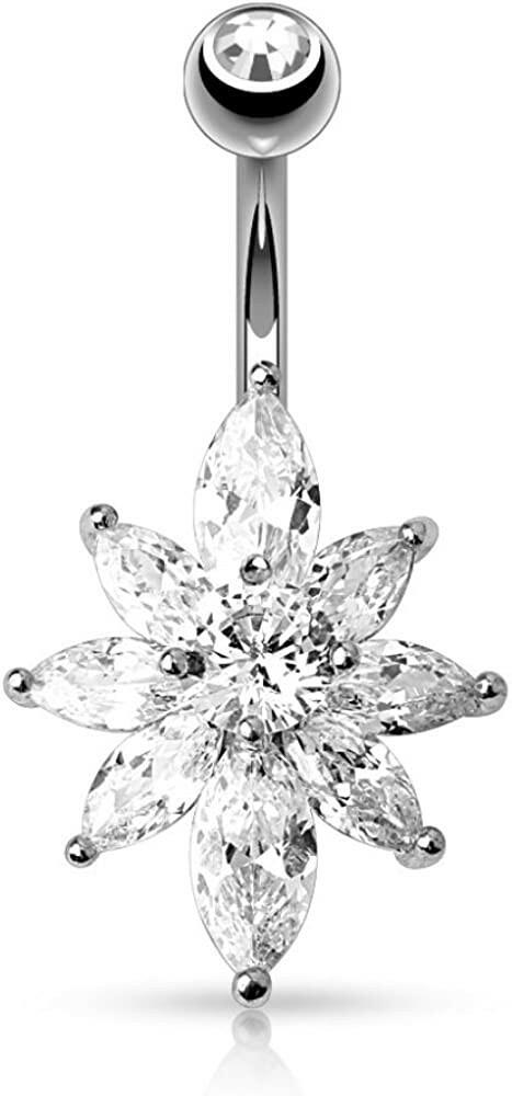 Surgical Steel Marquise CZ Petal Flower Belly Navel Ring Navel Ring Impulse Piercings Clear