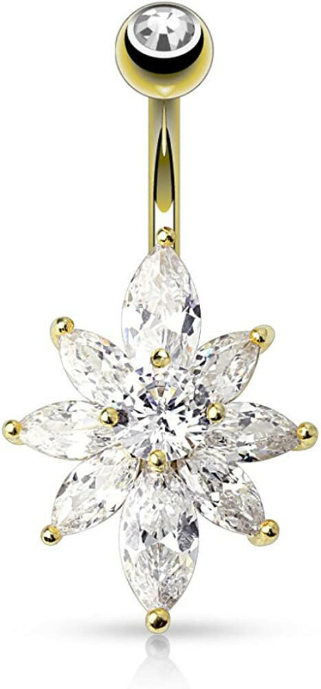 Surgical Steel Marquise CZ Petal Flower Belly Navel Ring Navel Ring Impulse Piercings Gold