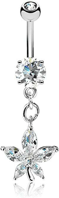 Surgical Steel Marquise CZ Petal Flower With Dangle Round CZ Belly Navel Ring Navel Ring Impulse Piercings Clear