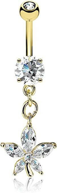 Surgical Steel Marquise CZ Petal Flower With Dangle Round CZ Belly Navel Ring Navel Ring Impulse Piercings Gold