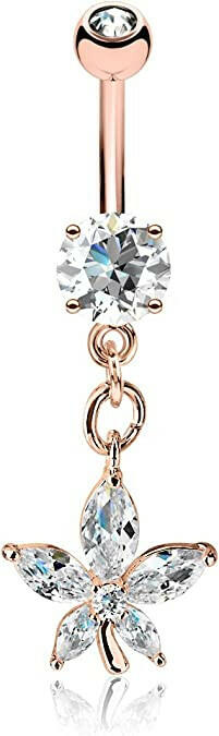 Surgical Steel Marquise CZ Petal Flower With Dangle Round CZ Belly Navel Ring Navel Ring Impulse Piercings Rose Gold