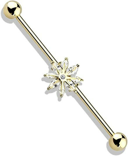 Surgical Steel Marquise CZ Snowflake Industrial Barbell Industrial Barbell Impulse Piercings Gold