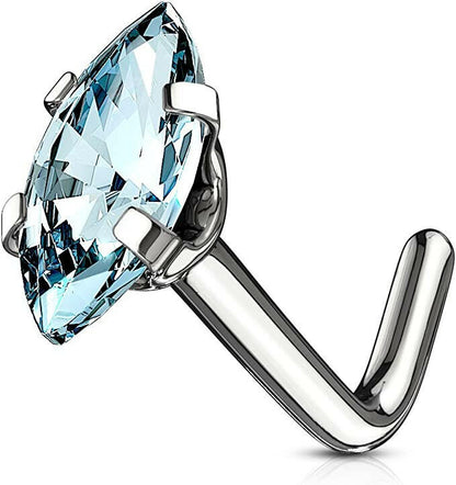 Surgical Steel Marquise CZ Top L Bend Nose Rings Nose Ring Impulse Piercings 20GA Length: 6mm Aqua