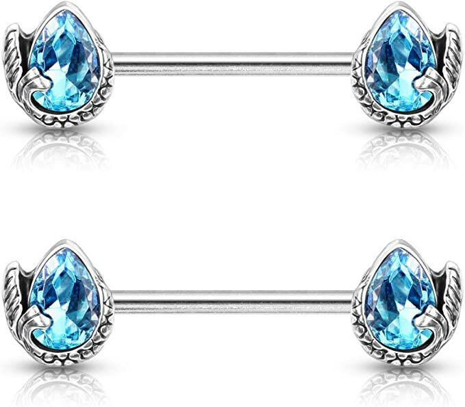 Surgical Steel Mermaid Tail Wrapped Pear Shaped Crystal Nipple Barbell Rings Nipple Ring Impulse Piercings Aqua