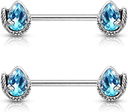 Surgical Steel Mermaid Tail Wrapped Pear Shaped Crystal Nipple Barbell Rings Nipple Ring Impulse Piercings Aqua