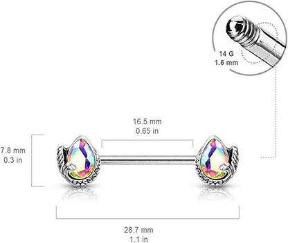 Surgical Steel Mermaid Tail Wrapped Pear Shaped Crystal Nipple Barbell Rings Nipple Ring Impulse Piercings