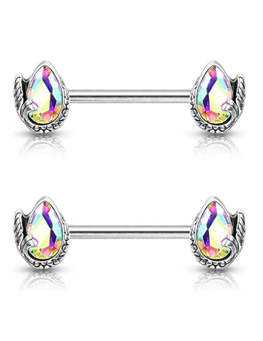 Surgical Steel Mermaid Tail Wrapped Pear Shaped Crystal Nipple Barbell Rings Nipple Ring Impulse Piercings Aurora Borealis