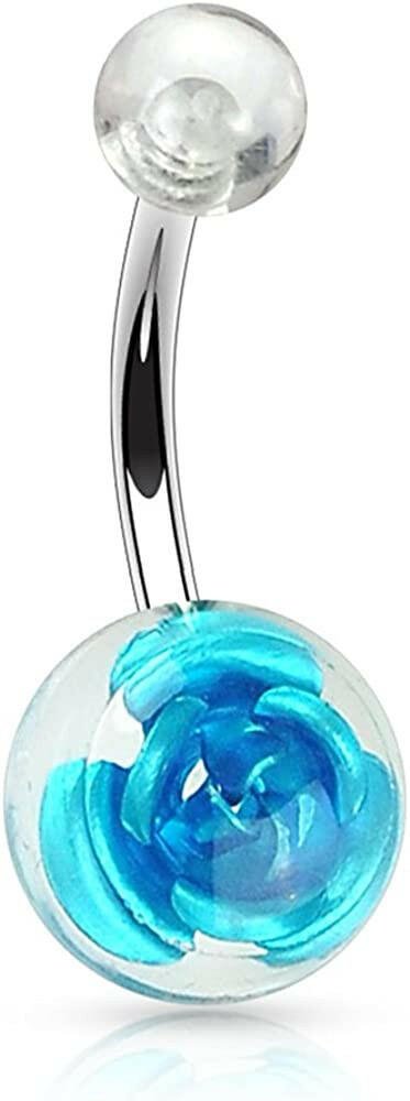 Surgical Steel Metal Rose Embedded in Clear Acrylic Ball Belly Navel Ring Navel Ring Impulse Piercings Aqua