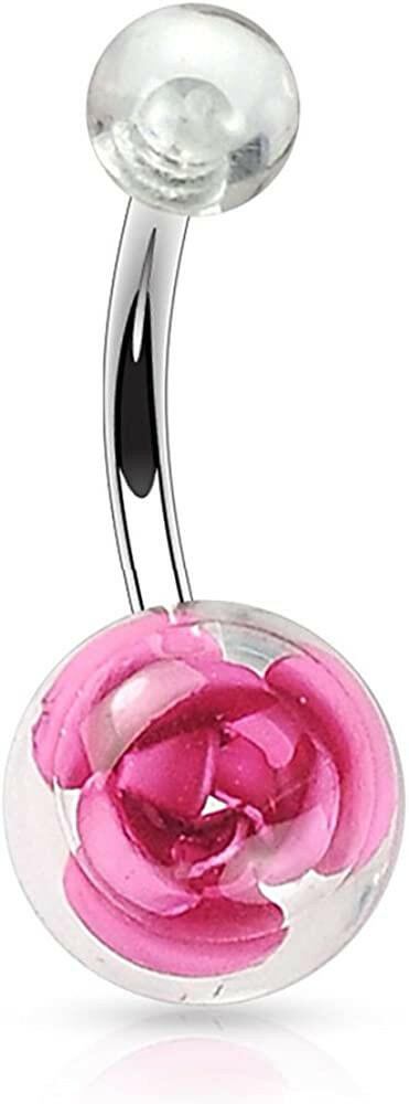 Surgical Steel Metal Rose Embedded in Clear Acrylic Ball Belly Navel Ring Navel Ring Impulse Piercings Pink