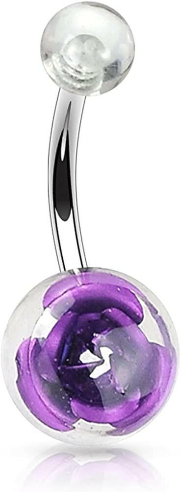 Surgical Steel Metal Rose Embedded in Clear Acrylic Ball Belly Navel Ring Navel Ring Impulse Piercings Purple