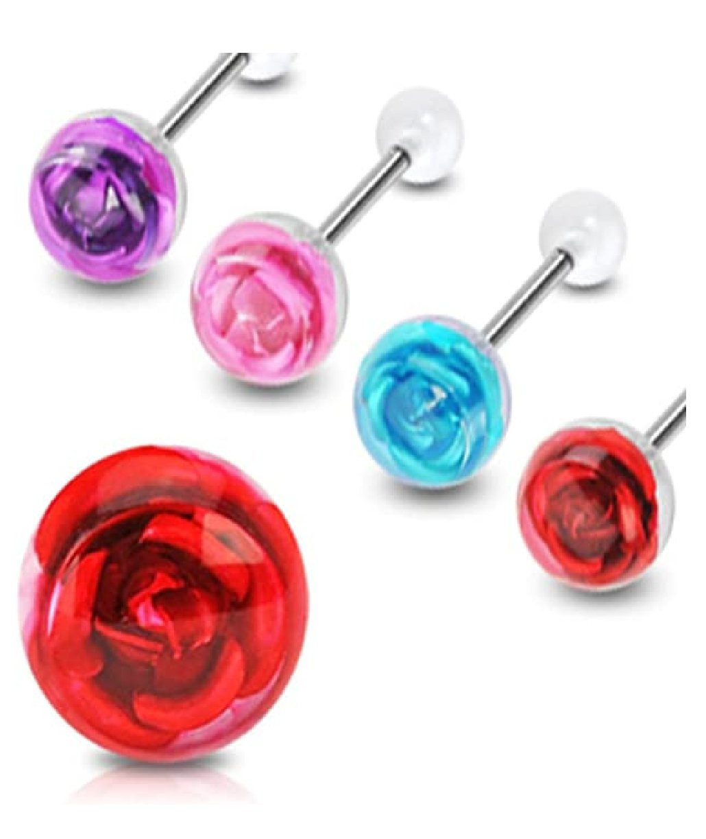 Surgical Steel Metal Rose Embedded in Clear Ball Top Barbells Barbell Impulse Piercings Purple