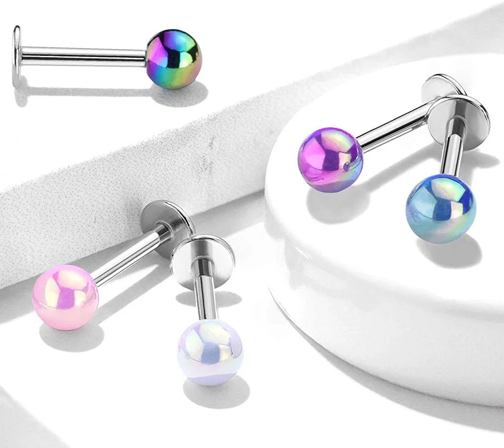 Surgical Steel Metallic AB Coating Balls Over Flat back Studs for Labret Monroe Cartilage Labret Impulse Piercings