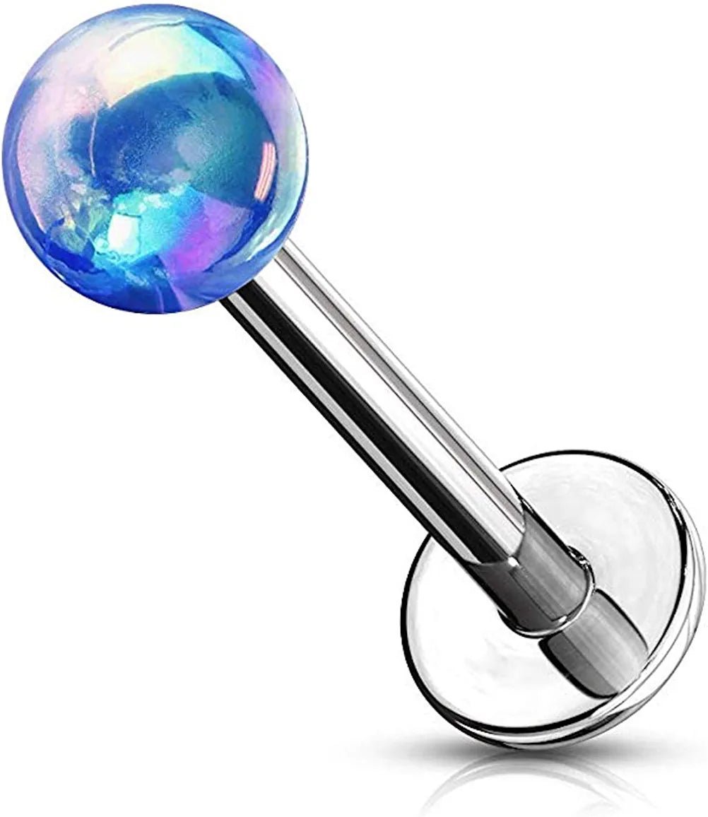 Surgical Steel Metallic AB Coating Balls Over Flat back Studs for Labret Monroe Cartilage Labret Impulse Piercings Blue