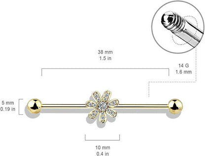 Surgical Steel Micro CZ Paved Flower Industrial Barbell Industrial Barbell Impulse Piercings