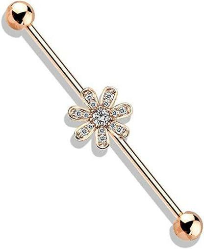 Surgical Steel Micro CZ Paved Flower Industrial Barbell Industrial Barbell Impulse Piercings Rose Gold