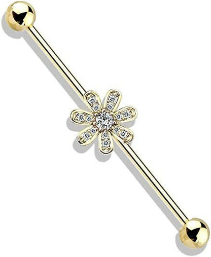 Surgical Steel Micro CZ Paved Flower Industrial Barbell Industrial Barbell Impulse Piercings Gold