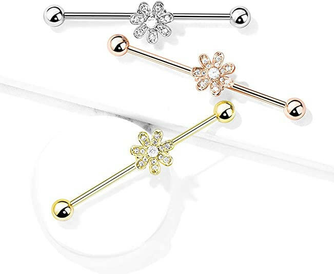 Surgical Steel Micro CZ Paved Flower Industrial Barbell Industrial Barbell Impulse Piercings