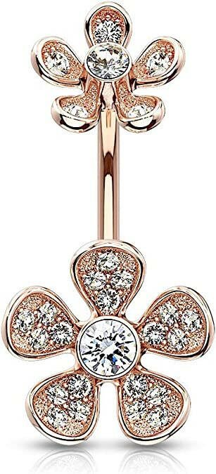 Surgical Steel Micro CZ Paved Flower with Flower Top Belly Navel Ring Navel Ring Impulse Piercings Rose Gold