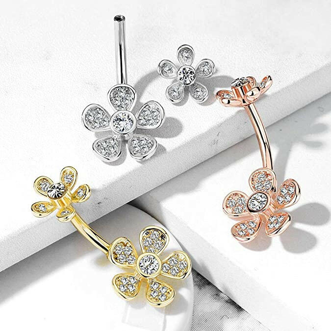 Surgical Steel Micro CZ Paved Flower with Flower Top Belly Navel Ring Navel Ring Impulse Piercings