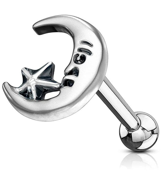 Surgical Steel Moon and Star Antique Silver Plated Top Ear Cartilage Barbell Studs Cartilage Earring Impulse Piercings