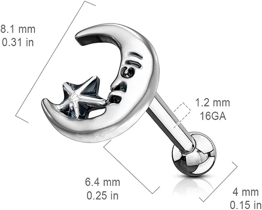 Surgical Steel Moon and Star Antique Silver Plated Top Ear Cartilage Barbell Studs Cartilage Earring Impulse Piercings