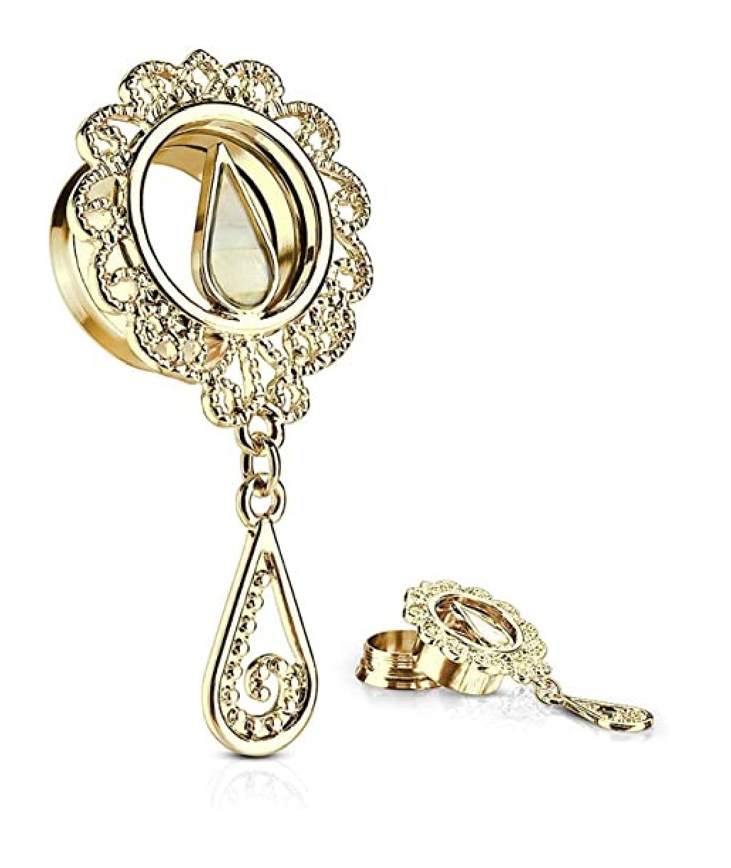 Surgical Steel Mother Of Pearl Set Tear Drop Centered Vintage Filigree with Dangle Front Gold Plated Double Flare Tunnels Plugs Impulse Piercings 2GA (6mm)