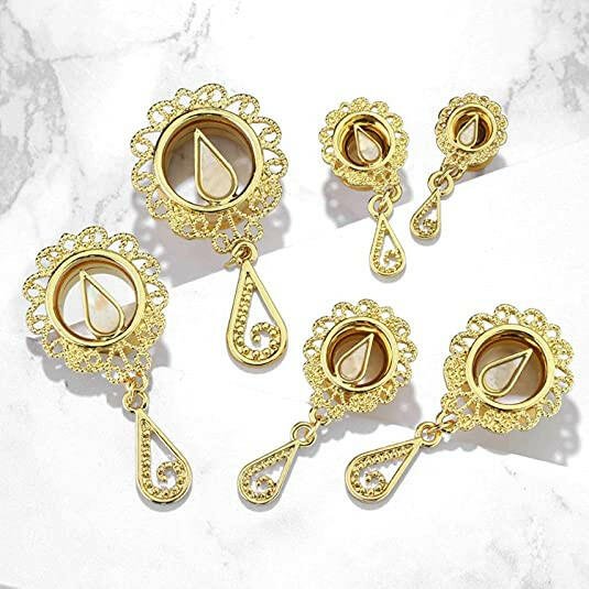 Surgical Steel Mother Of Pearl Set Tear Drop Centered Vintage Filigree with Dangle Front Gold Plated Double Flare Tunnels Plugs Impulse Piercings