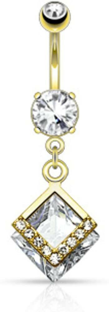 Surgical Steel Mounted Diamond Shaped CZ with Paved CZs Dangle Belly Navel Ring Navel Ring Impulse Piercings Gold