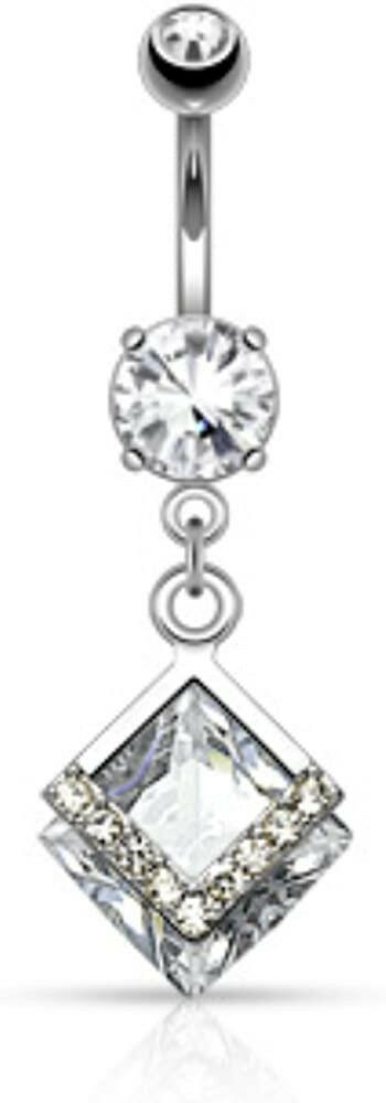 Surgical Steel Mounted Diamond Shaped CZ with Paved CZs Dangle Belly Navel Ring Navel Ring Impulse Piercings Clear