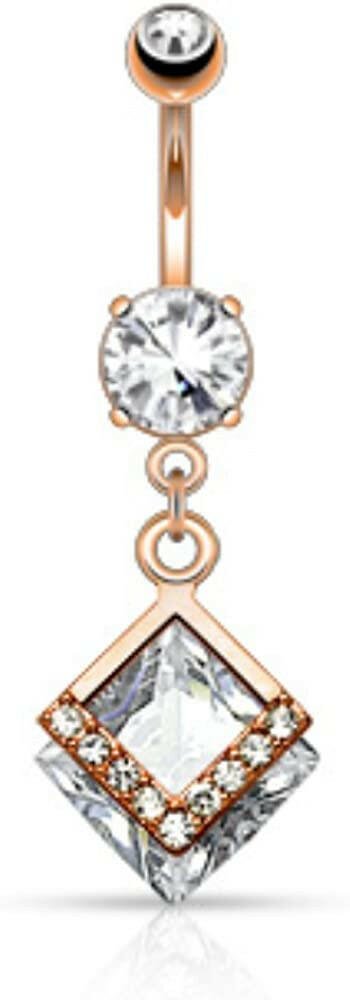 Surgical Steel Mounted Diamond Shaped CZ with Paved CZs Dangle Belly Navel Ring Navel Ring Impulse Piercings Rose Gold