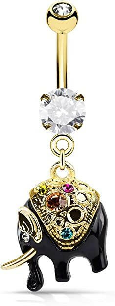 Surgical Steel Multi Color Crystals Gold and Black Elephant Dangle Belly Navel Ring Navel Ring Impulse Piercings