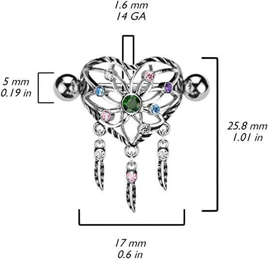 Surgical Steel Multi Color CZ Heart Dream Catcher Nipple Shield Rings Nipple Ring Impulse Piercings