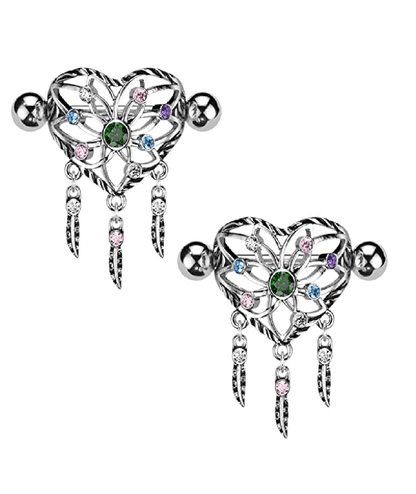 Surgical Steel Multi Color CZ Heart Dream Catcher Nipple Shield Rings Nipple Ring Impulse Piercings