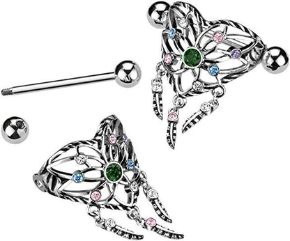 Surgical Steel Multi Color CZ Heart Dream Catcher Nipple Shield Rings Nipple Ring Impulse Piercings