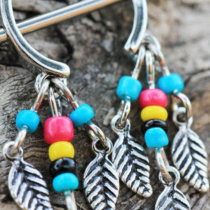 Surgical Steel Multi-Colored Beads Feather Dangle Nipple Shield Nipple Ring Impulse Piercings