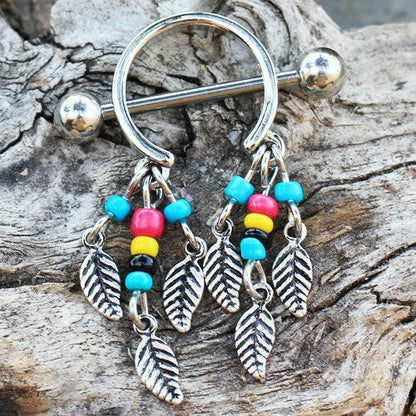 Surgical Steel Multi-Colored Beads Feather Dangle Nipple Shield Nipple Ring Impulse Piercings