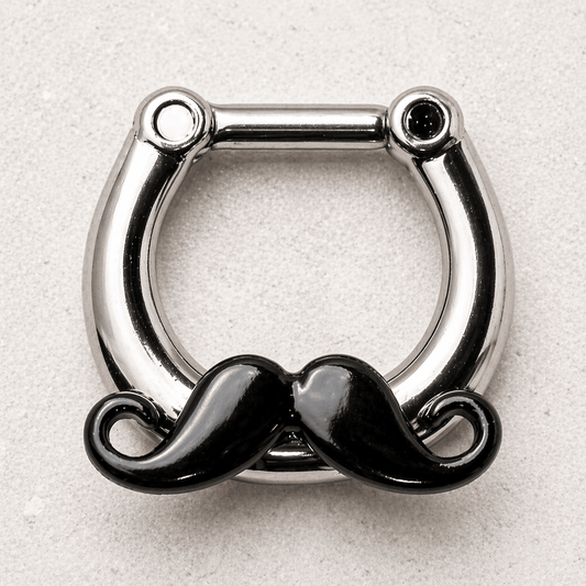 Black mustache septum clicker 316L surgical steel, PVD black plated copper, quirky fun nose ring