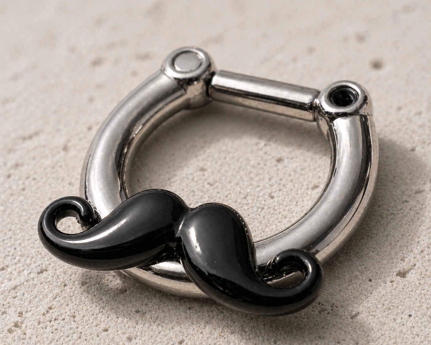 Side view of black mustache septum clicker, secure click closure, 316L surgical steel bar 6mm