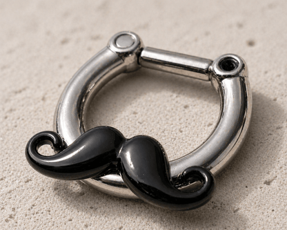 Side view of black mustache septum clicker, secure click closure, 316L surgical steel bar 6mm