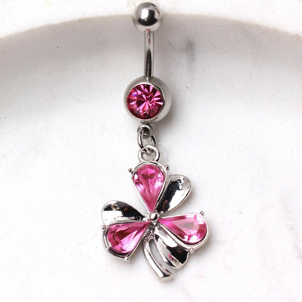 Surgical Steel Navel Ring with Clover Leaf Shaped Dangle