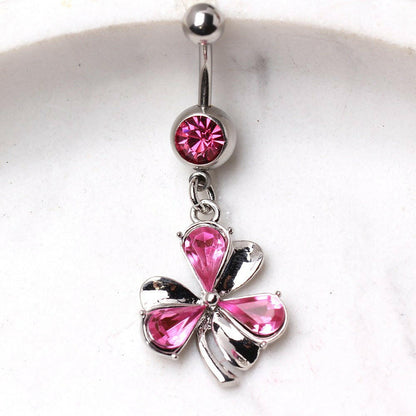Surgical Steel Navel Ring with Clover Leaf Shaped Dangle