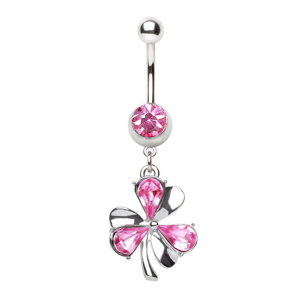 Surgical Steel Navel Ring with Clover Leaf Shaped Dangle
