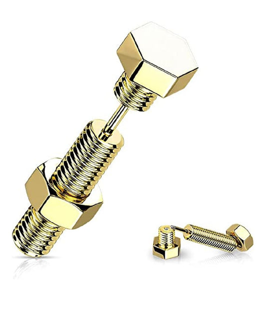 Surgical Steel Nut and Bolt Hexagon Screw Head Fake Plug Fake Plug Impulse Piercings 18GA Length: 6mm Gold