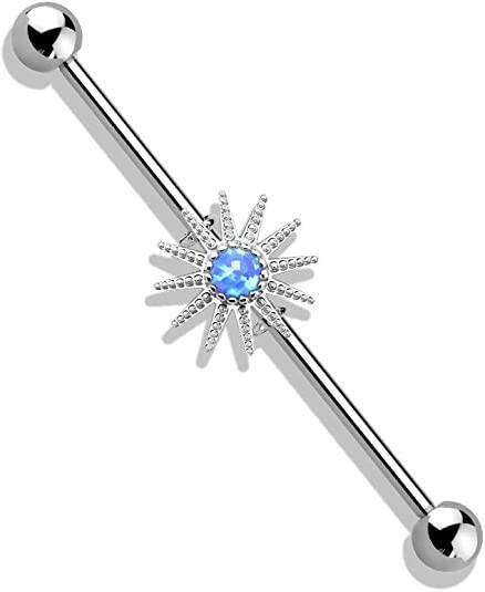 Surgical Steel Opal Center Sunburst Industrial Barbell Body Jewelry Impulse Piercings Blue