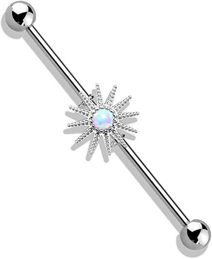 Surgical Steel Opal Center Sunburst Industrial Barbell Body Jewelry Impulse Piercings White