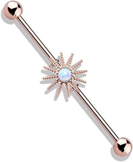 Surgical Steel Opal Center Sunburst Industrial Barbell Body Jewelry Impulse Piercings Rose Gold