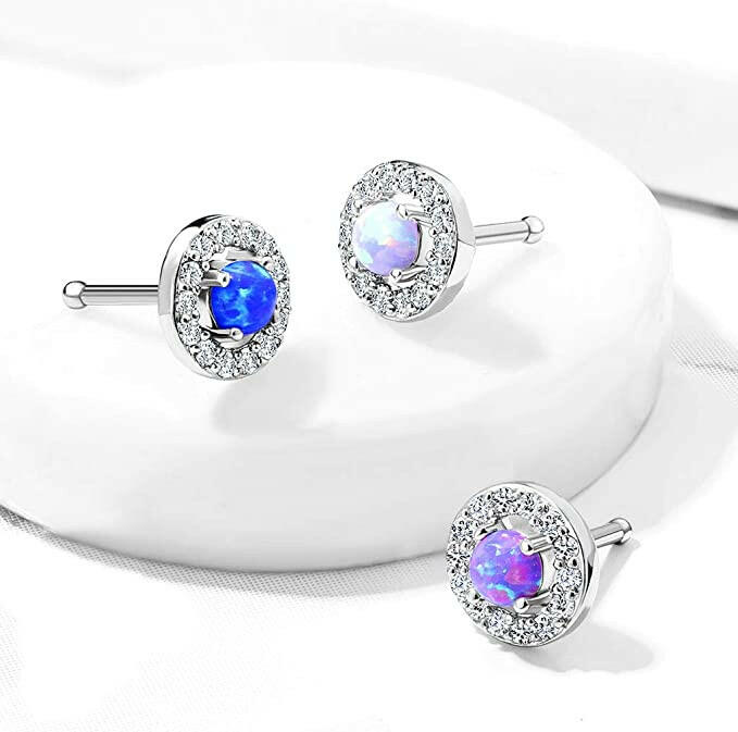 Surgical Steel Opal Center with CZ Paved Surrounding Top Nose Bone Stud Rings Nose Ring Impulse Piercings