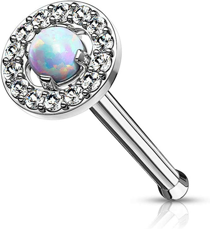 Surgical Steel Opal Center with CZ Paved Surrounding Top Nose Bone Stud Rings Nose Ring Impulse Piercings White