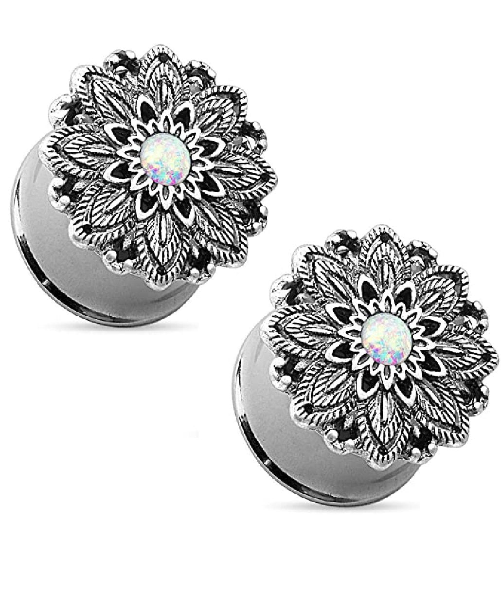 Surgical Steel Opal Centered Antique Silver Plated Lotus Flower Top Double Flared Tunnels Plugs Impulse Piercings 4GA (5mm)